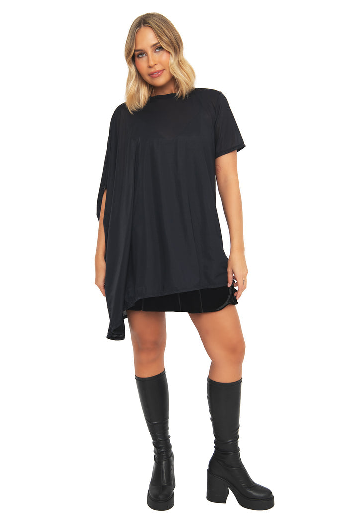 Sheer drape top with relaxed flowing fit, designed for effortless layering over camis, bralettes and dresses for work, events and casual fashion.