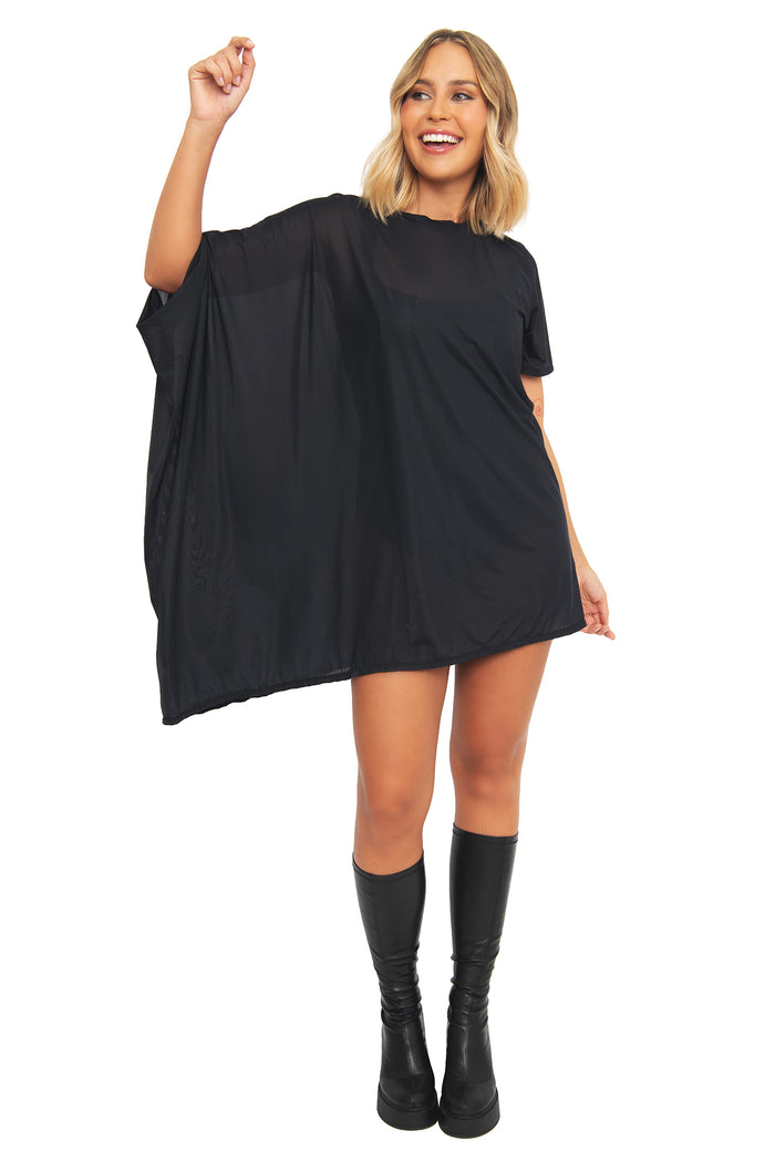 Sheer longline top with fluid draped design, designed for effortless wear with skirts, trousers and denim for work and weekend outfits.