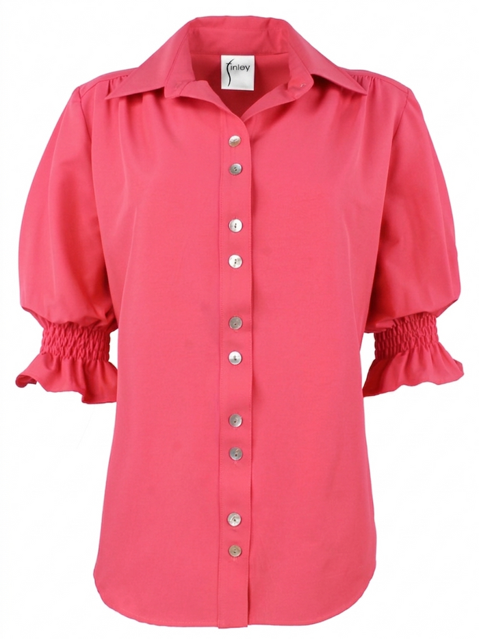 Pink blouse with puff sleeves on a white background