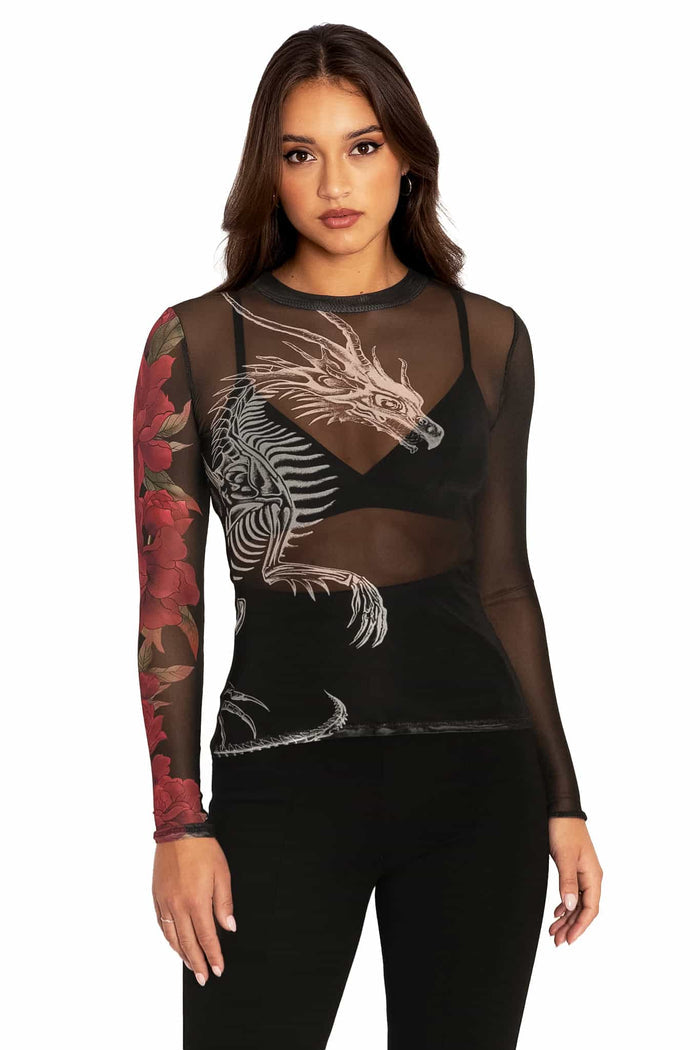 Skeletal Dragon Sheer High Neck Long Sleeve Top