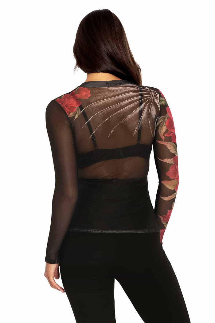 Skeletal Dragon Sheer High Neck Long Sleeve Top
