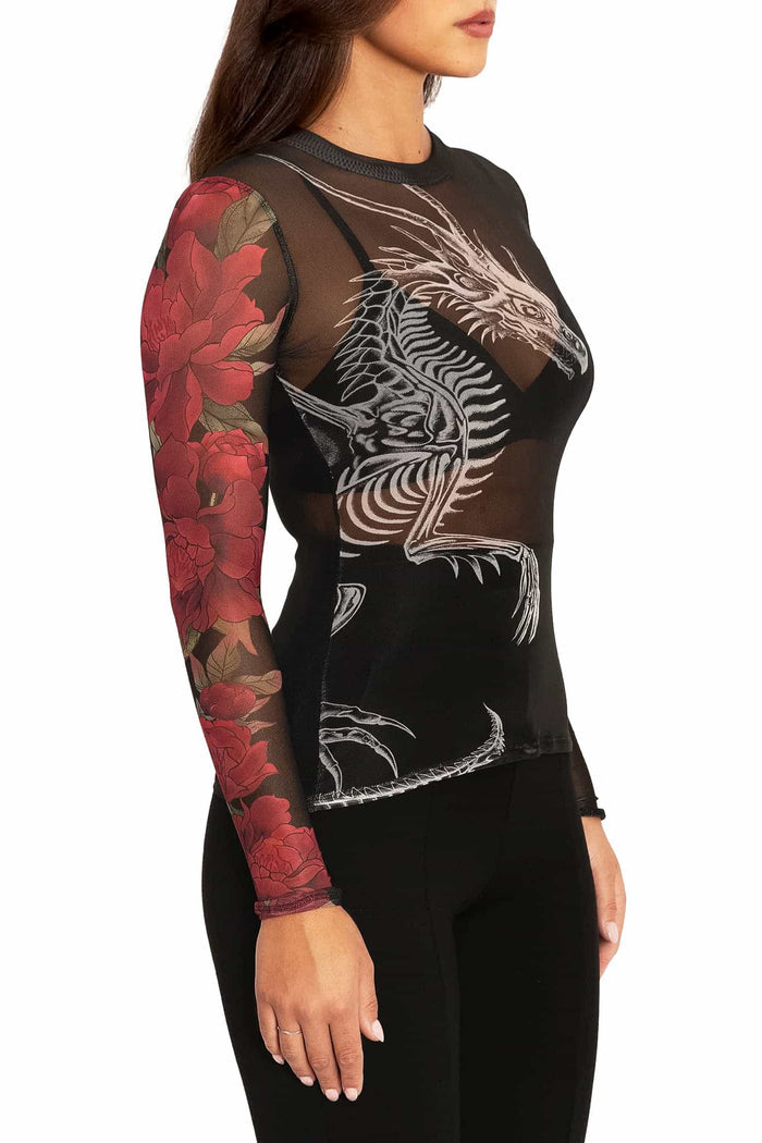 Skeletal Dragon Sheer High Neck Long Sleeve Top