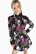Skull Bouquet Long Sleeve Business Time Shirt Dress featuring a striking skull and floral print, classic button-through design and long sleeves, perfect for workwear, alternative fashion and elevated everyday styling.
