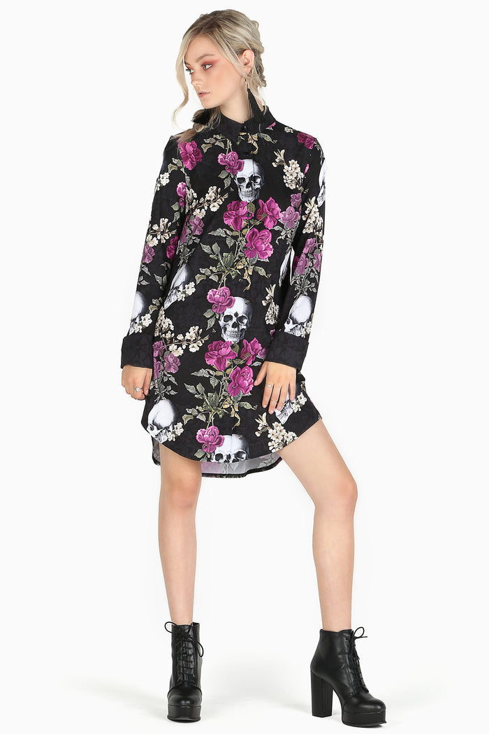 Long sleeve shirt dress with skull bouquet artwork, designed for office outfits, smart casual dressing, creative workplaces and versatile day-to-night wear.