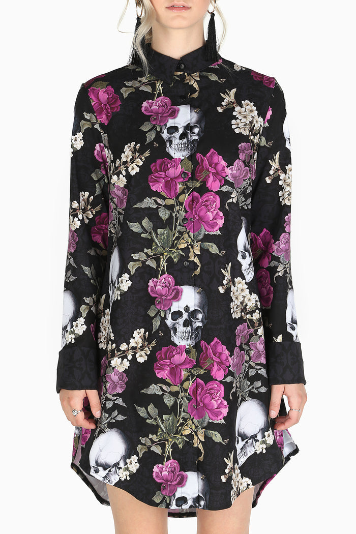 Alternative long sleeve shirt dress with skull bouquet design, perfect for creative work environments, smart casual occasions and gothic-inspired styling.