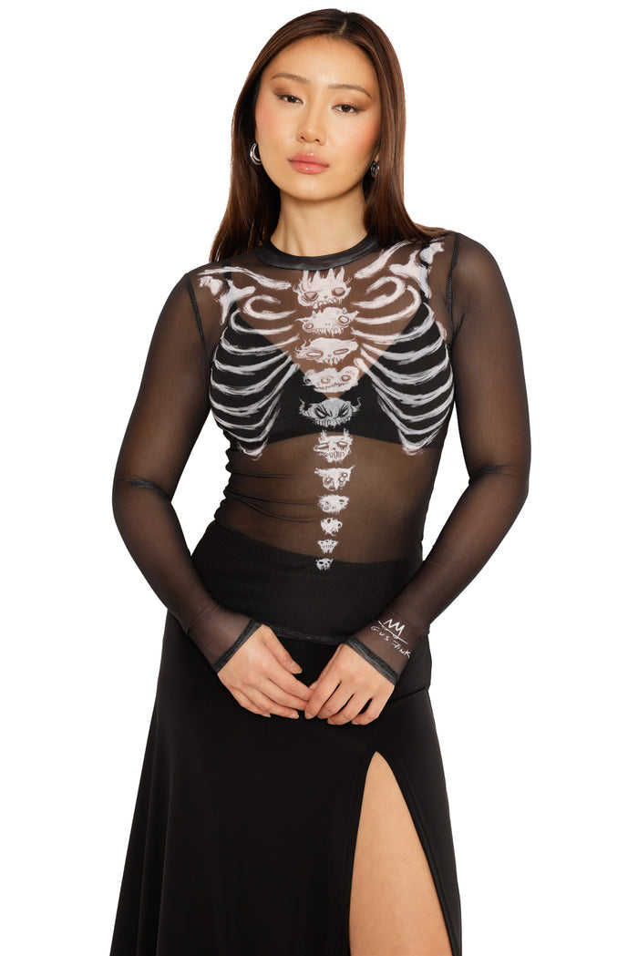 Skulls Sheer High Neck Long Sleeve Top