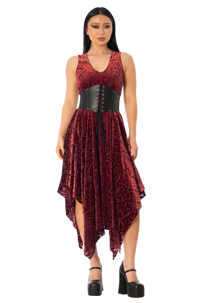 BlackMilk Slasher Burned Velvet V Neck Handkerchief Dress – red horror slasher weapon print burned velvet Halloween dress, part of the BlackMilk Clothing Halloween collection