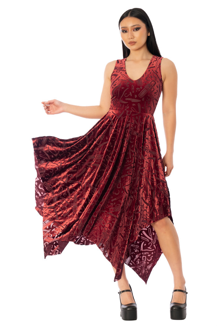 BlackMilk Slasher Burned Velvet V Neck Handkerchief Dress – red horror slasher weapon print burned velvet Halloween dress, part of the BlackMilk Clothing Halloween collection