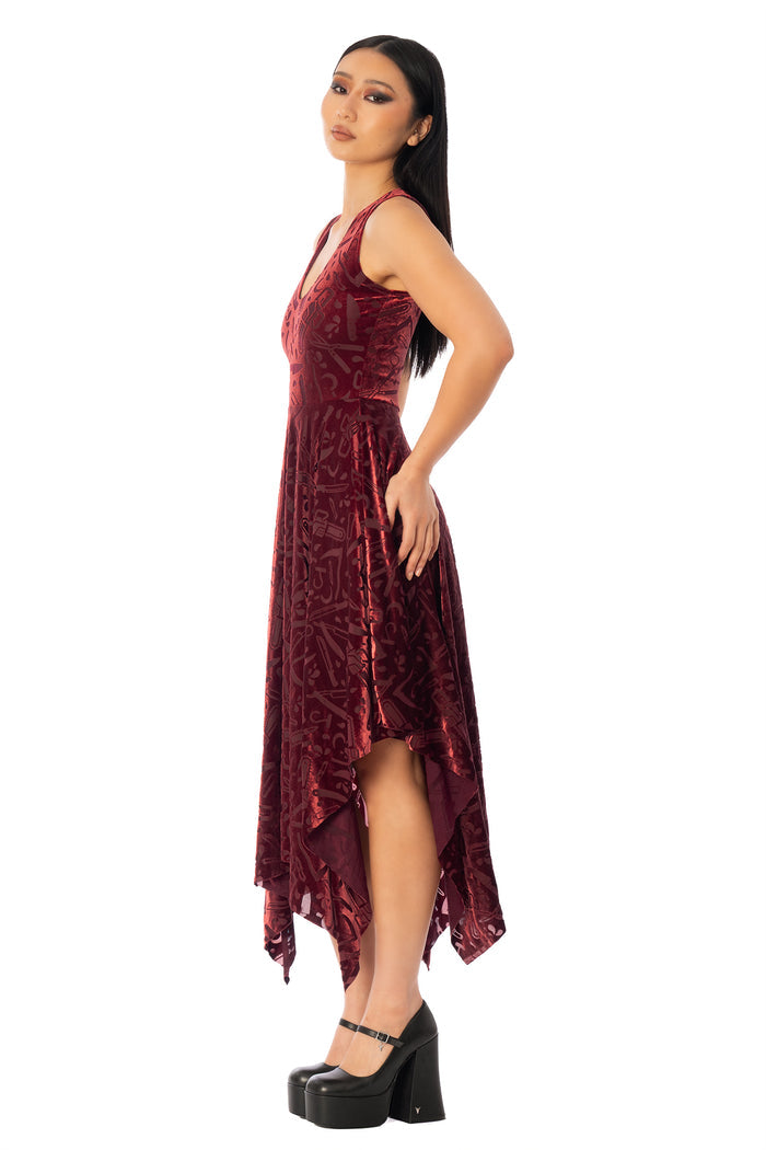 BlackMilk Slasher Burned Velvet V Neck Handkerchief Dress – red horror slasher weapon print burned velvet Halloween dress, part of the BlackMilk Clothing Halloween collection