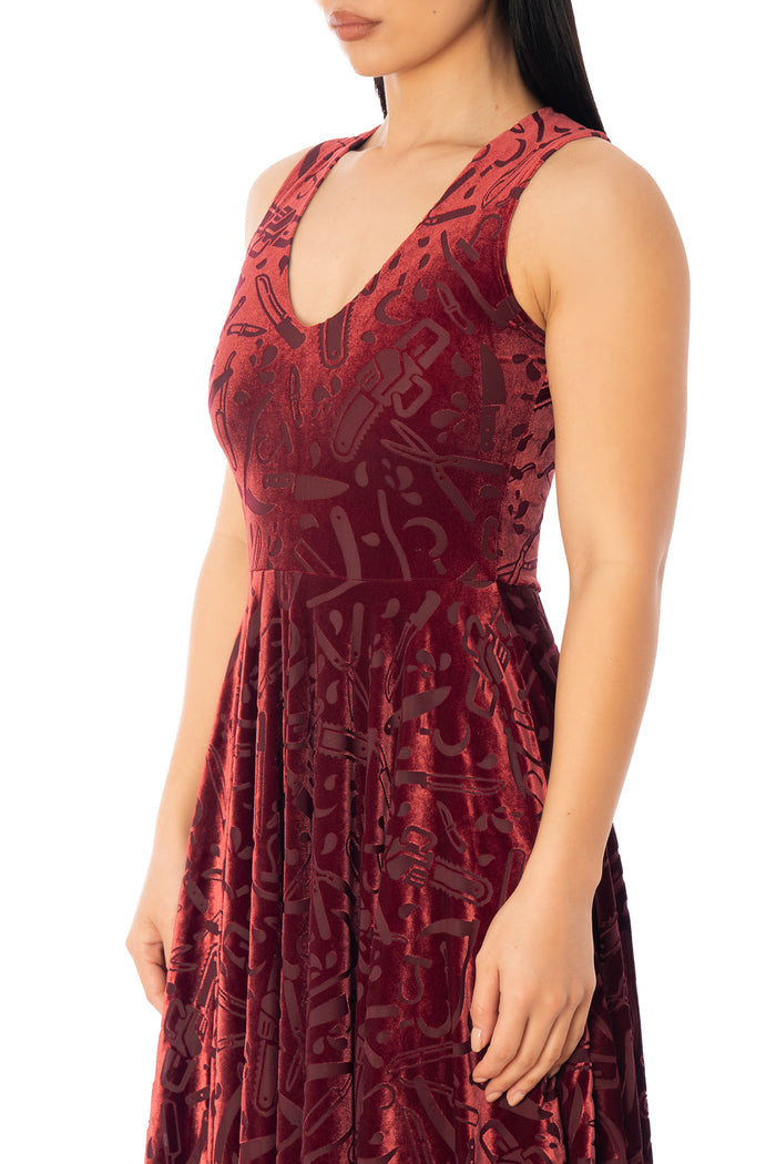 BlackMilk Slasher Burned Velvet V Neck Handkerchief Dress – red horror slasher weapon print burned velvet Halloween dress, part of the BlackMilk Clothing Halloween collection