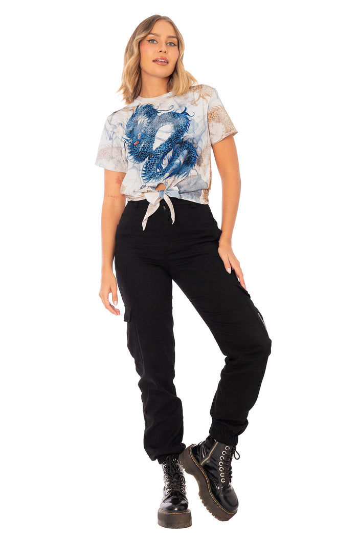 Short sleeve tie front top with smoke graphic design, fitted silhouette and soft stretch fabric