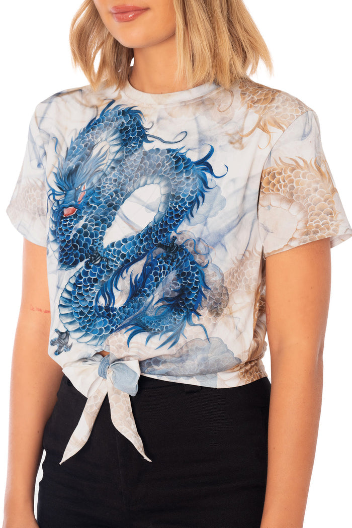 Short sleeve tie front top with smoke graphic design, fitted silhouette and soft stretch fabric