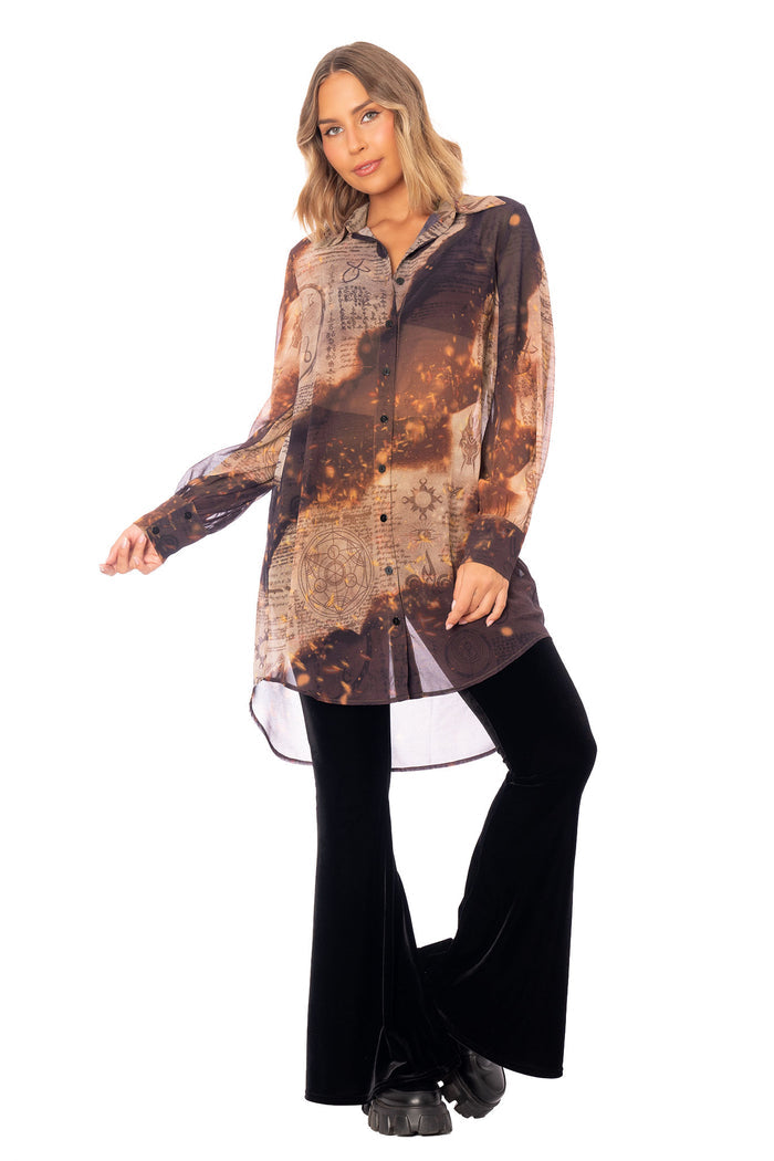The Elder Scrolls inspired sheer shirt dress with long sleeves, collar detail and arcane rune style print design
