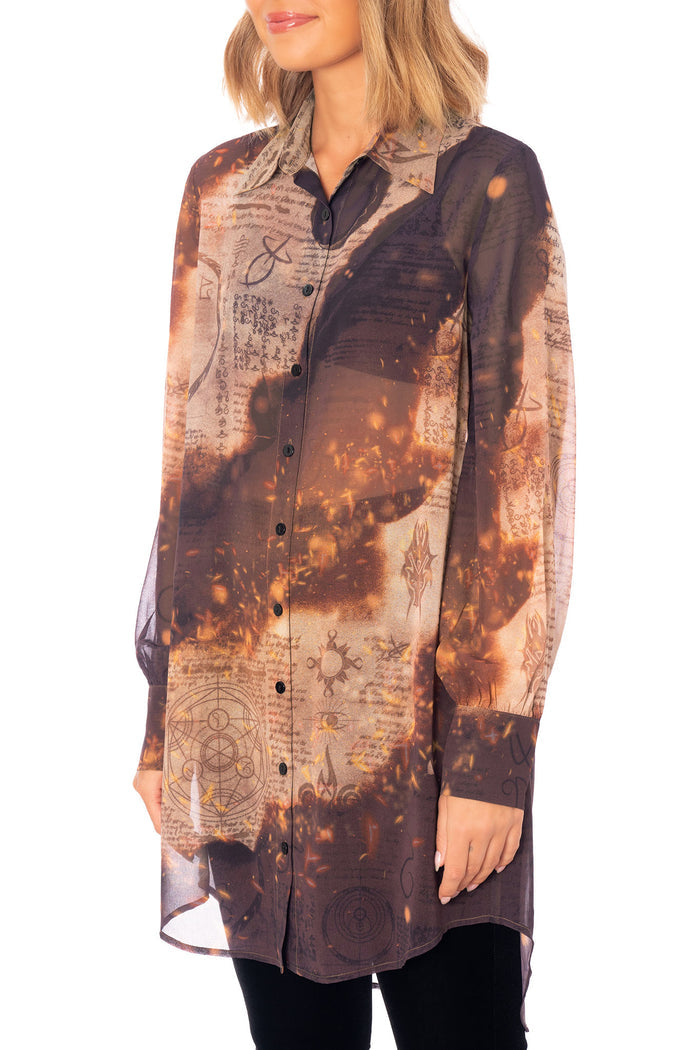 Elder Scrolls apparel dress with long sleeves, button front, belted waist and arcane scribble graphic detail