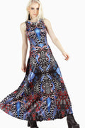 Snakaleidoscope Velvet Princess Maxi Dress by BlackMilk Clothing featuring multicolour snake print on velvet fabric, sleeveless fitted bodice and flowing princess maxi skirt