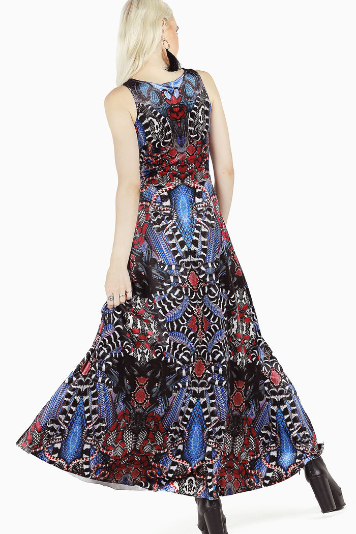 Snakaleidoscope Velvet Princess Maxi Dress in printed velvet with sleeveless bodice, fitted waist and dramatic flared princess maxi skirt