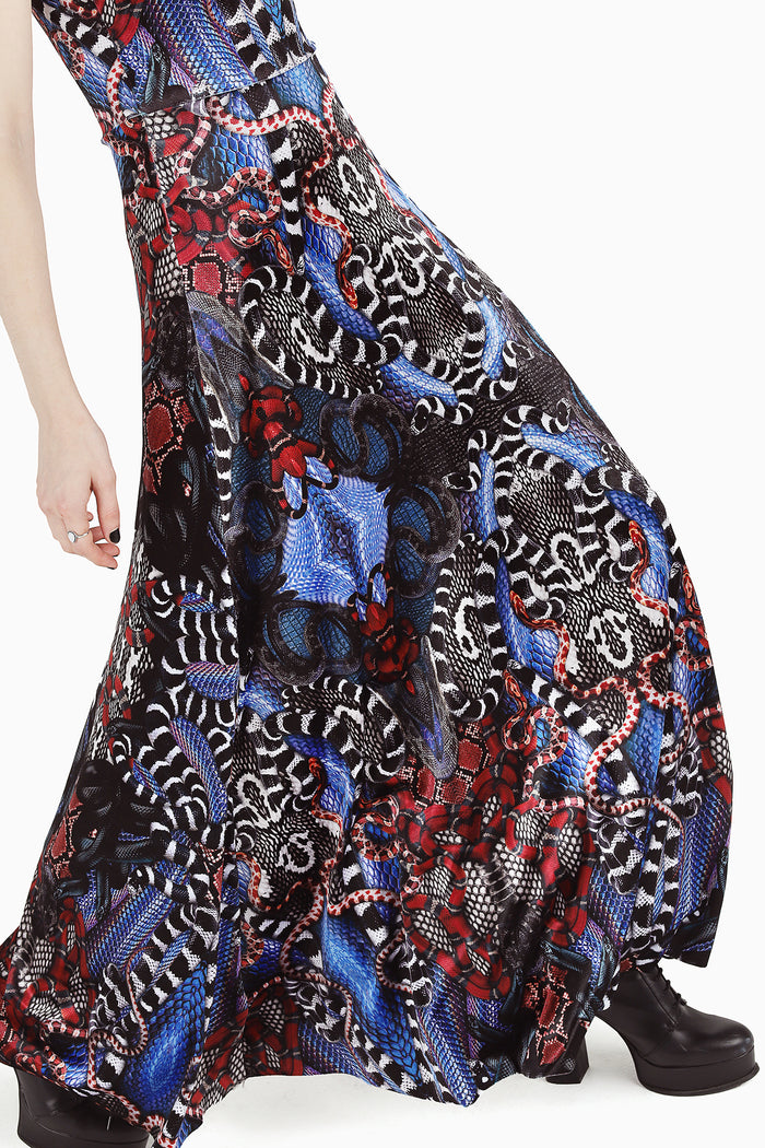 Bring back Snakaleidoscope Velvet Princess Maxi Dress by BlackMilk Clothing, iconic velvet maxi dress with bold snake print and classic princess silhouette