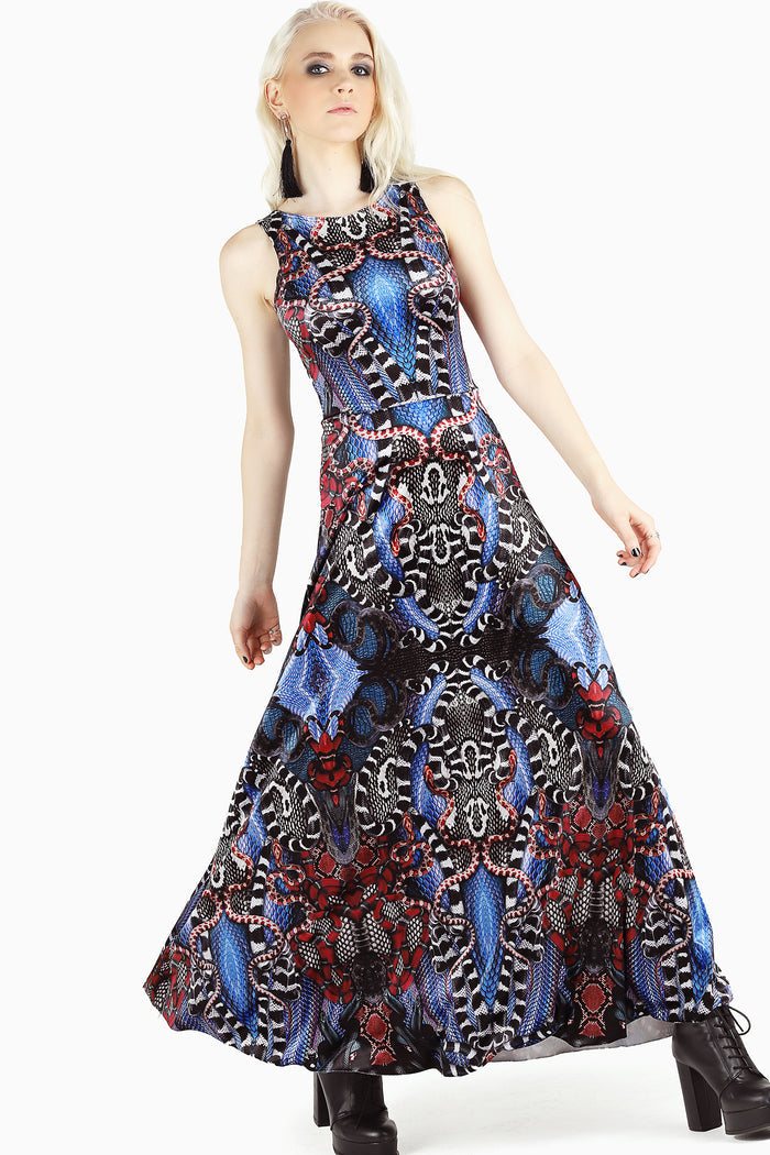 Fun Times Friday bring back Snakaleidoscope Velvet Princess Maxi Dress, multicolour velvet snake print maxi dress by BlackMilk Clothing