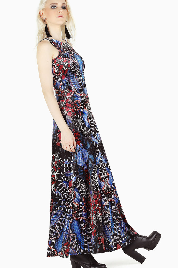 Sleeveless Snakaleidoscope Velvet Princess Maxi Dress in multicolour printed velvet with kaleidoscope snake artwork and flowing maxi skirt