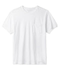 A plain white short-sleeved t-shirt with a pocket on the left breast area