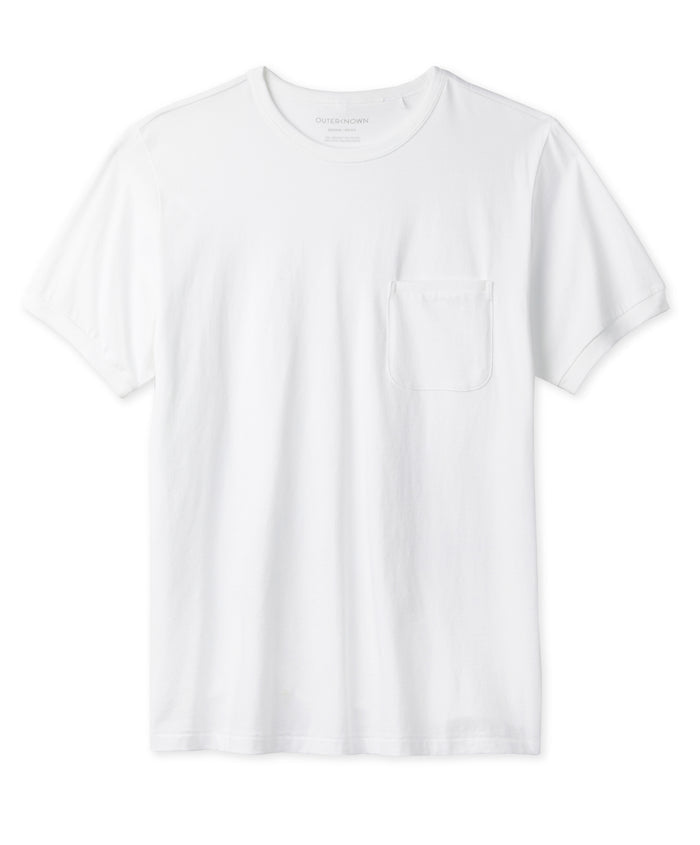 A plain white short-sleeved t-shirt with a pocket on the left breast area
