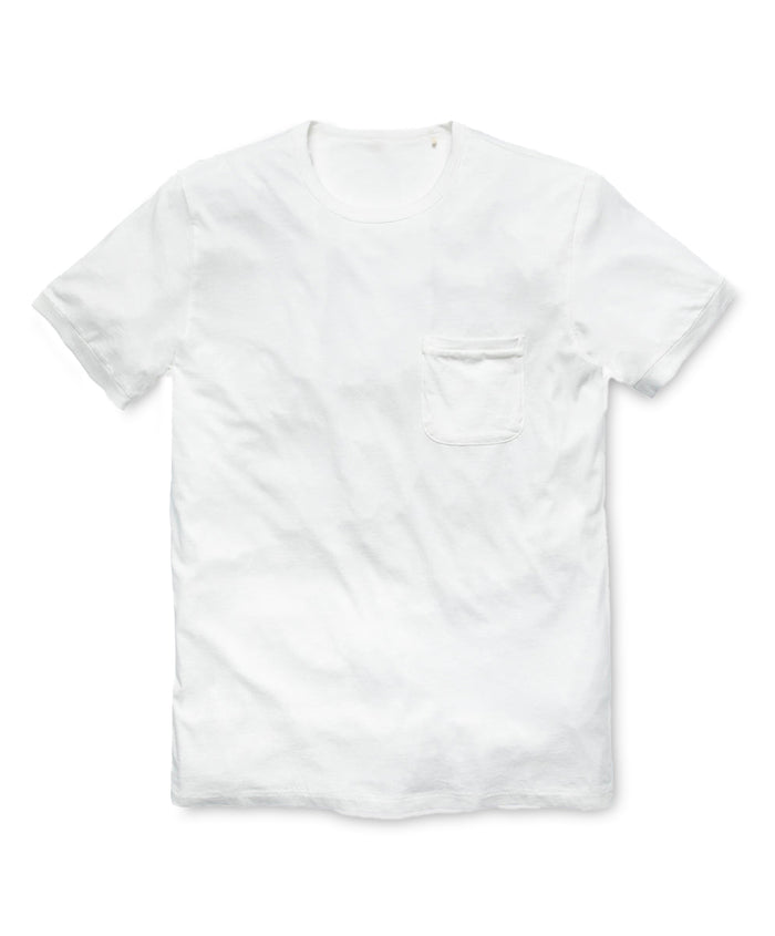 A white, short-sleeved t-shirt with a pocket on the chest.