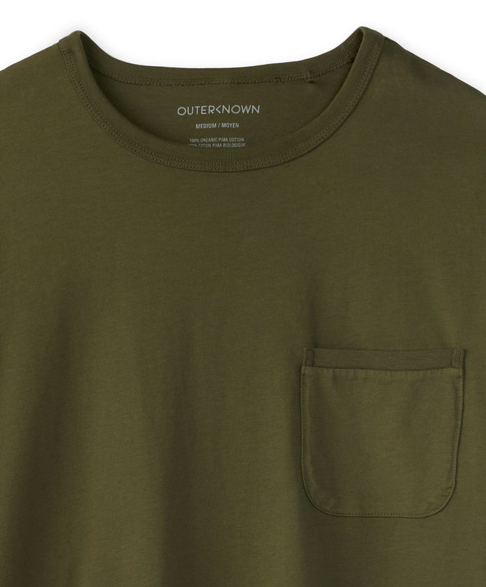 Closeup of the collar of a green crew neck shirt