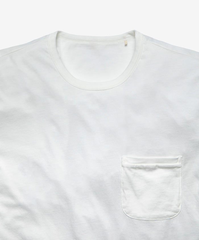 A white, short-sleeved t-shirt with a pocket on the chest.