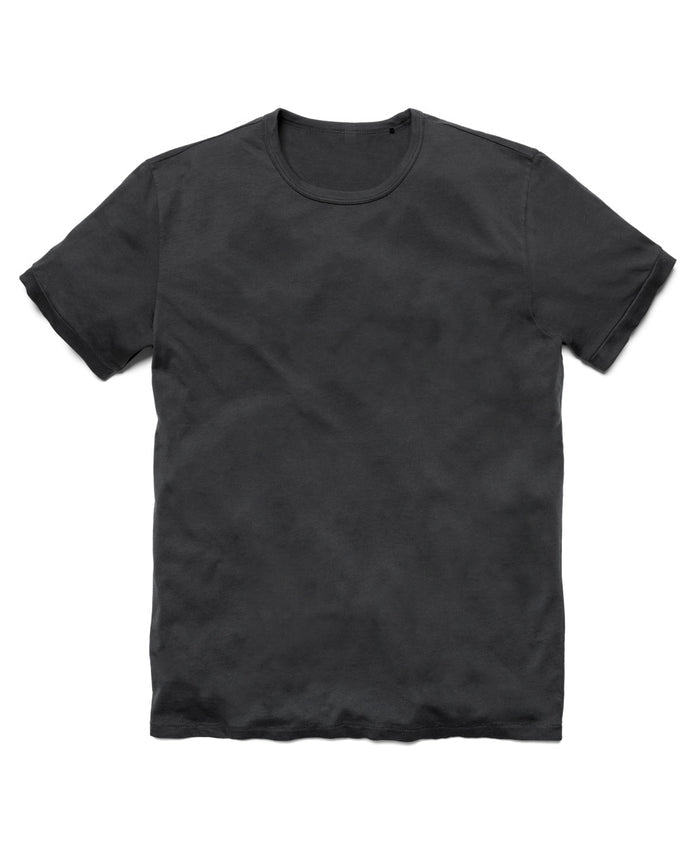 A black crew neck t-shirt with short sleeves.