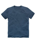 A navy blue crew neck t-shirt laid flat on a plain surface.