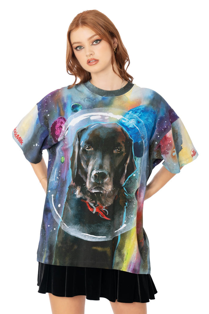 Close-up of Lora Zombie astronaut dog artwork on blue cotton big tee - BlackMilk wearable art detail
