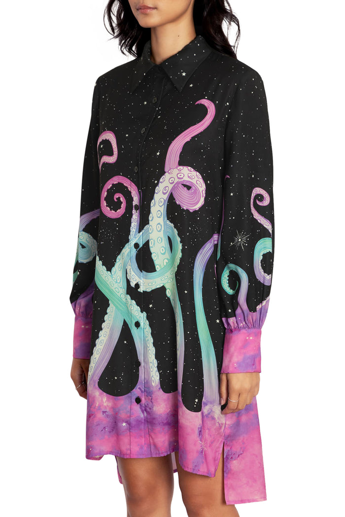 BlackMilk Clothing - Space Tentacles Long Sleeve Work It Shirt Dress