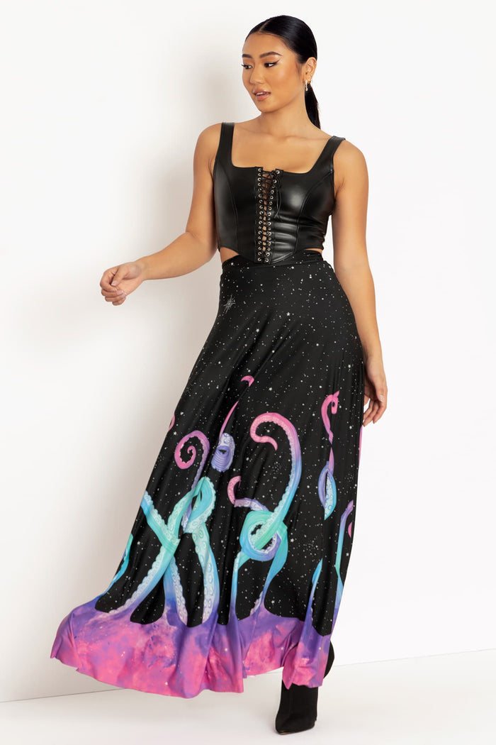 Space Tentacles Maxi Skirt featuring an eye-catching cosmic tentacle print and flowing maxi silhouette, perfect for alternative fashion, statement outfits and everyday styling.