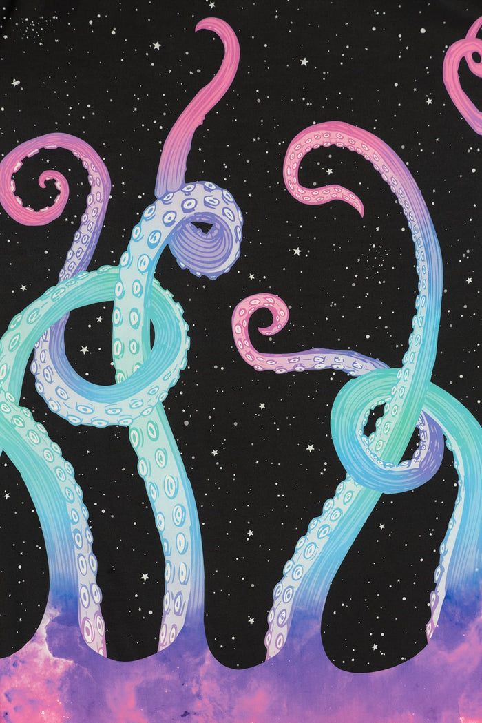 Cosmic tentacle print maxi skirt with comfortable fit, designed for effortless styling with graphic tees, knitwear and fitted tops for casual and alternative fashion.