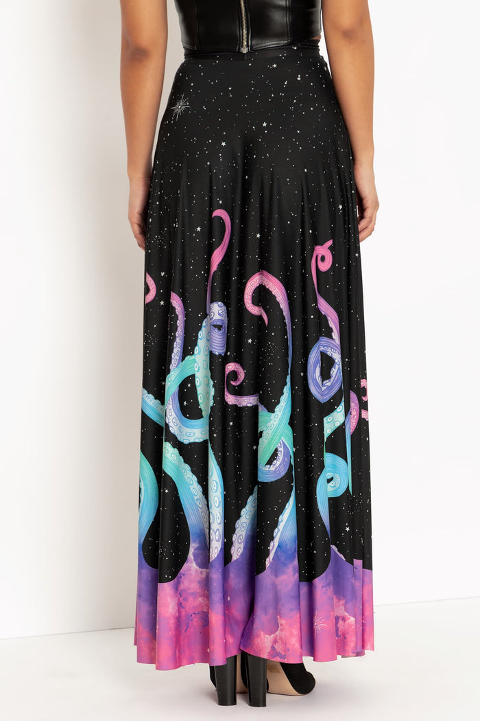 Alternative maxi skirt featuring Space Tentacles artwork, combining a flowing silhouette and standout print for festivals, creative wardrobes and everyday wear.