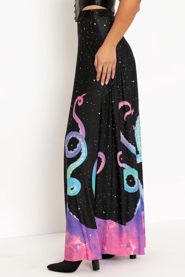 Galaxy-inspired tentacle print maxi skirt, perfect for alternative fashion lovers, statement dressing, concerts and casual everyday outfits.