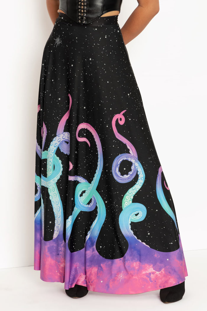 Women's maxi skirt with cosmic tentacle design, offering versatile styling and comfortable wear for work-to-weekend outfits and creative fashion looks.