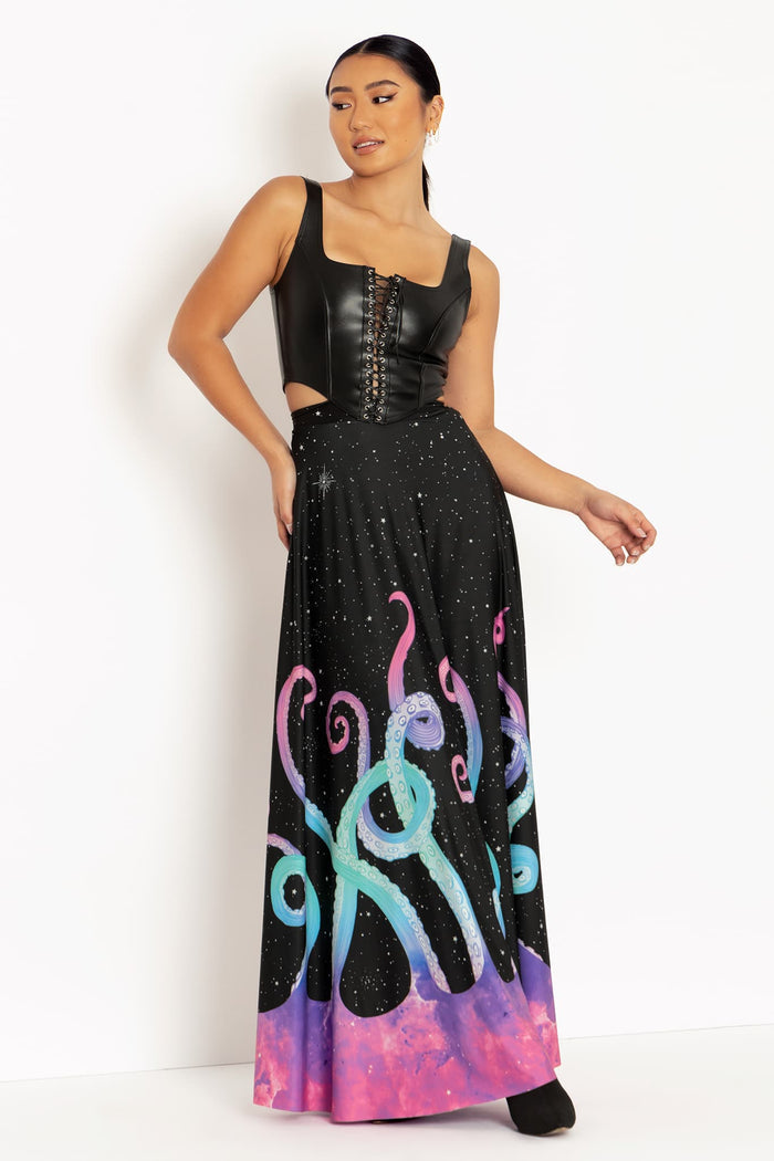 Space Tentacles printed maxi skirt with flowing movement, ideal for alternative wardrobes, travel outfits, festivals and elevated casual styling.