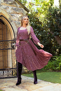 ACOTAR Spring Court rosewood burned velvet fae queen dress, inspired by A Court of Thorns and Roses series by Sarah J Maas, featuring floral velvet texture, square neckline, bishop sleeves and tiered flowing skirt, romantic fantasy gown