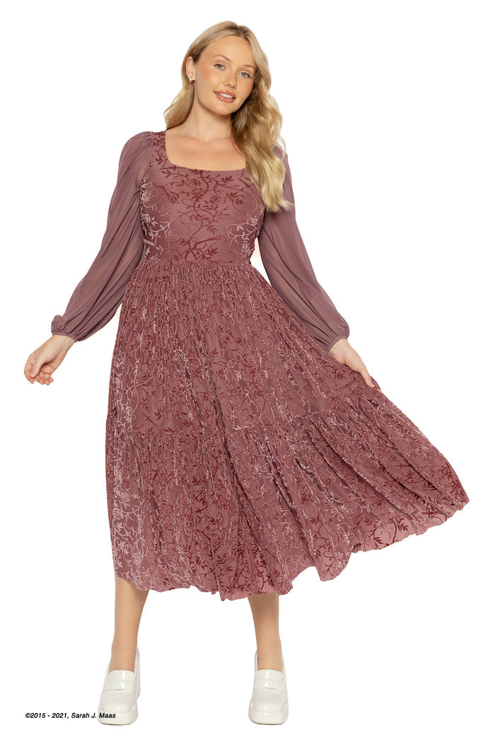 A Court of Thorns and Roses Spring Court rosewood dress, ACOTAR inspired burned velvet fae queen gown by Sarah J Maas with square neckline, long bishop sleeves and tiered skirt, elegant fantasy fashion piece