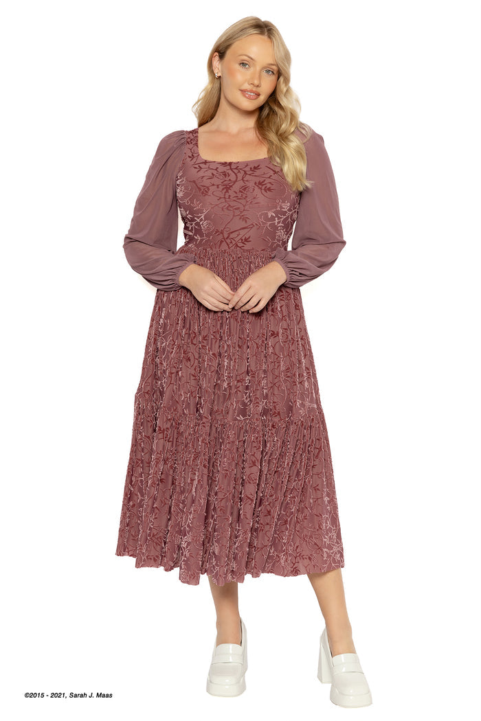 ACOTAR series Spring Court rosewood fae queen dress, inspired by A Court of Thorns and Roses books by Sarah J Maas, featuring burned velvet florals, structured square neckline, flowing bishop sleeves and layered skirt