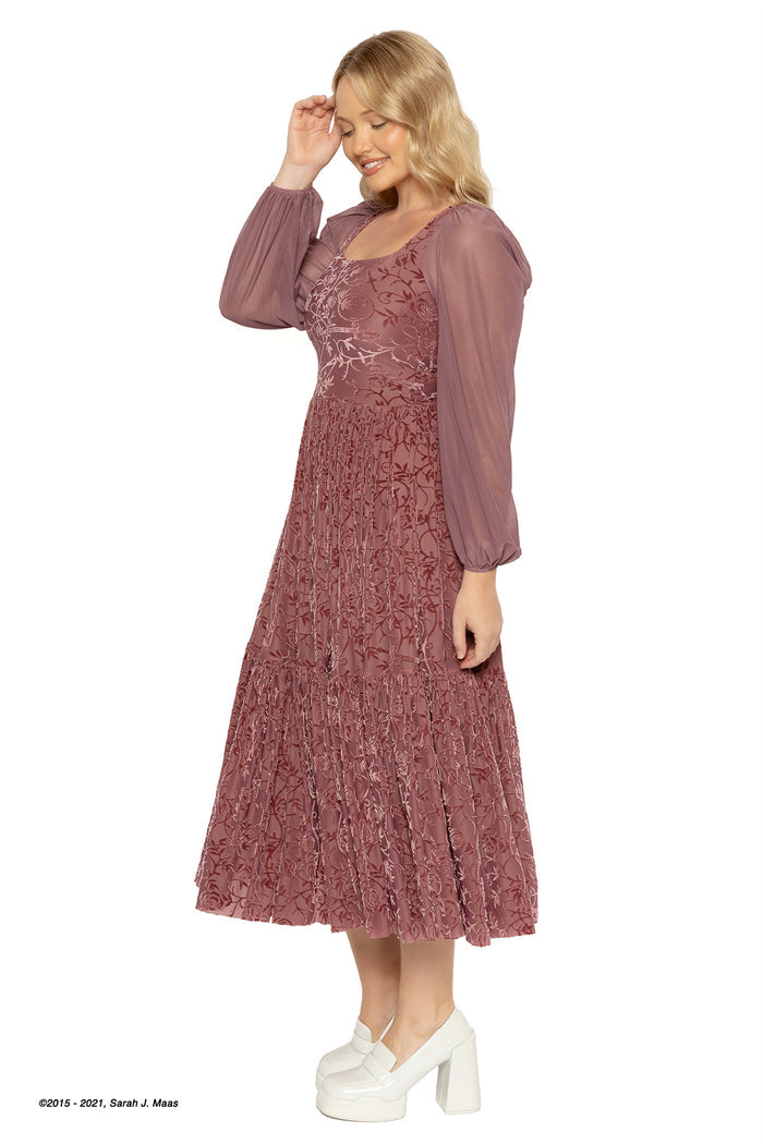 Rosewood burned velvet fae queen dress ACOTAR inspired, A Court of Thorns and Roses series gown by Sarah J Maas with floral textured fabric, square neckline, long sleeves and tiered flowing silhouette