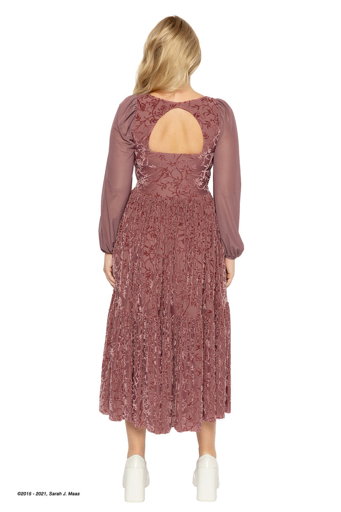 A Court of Thorns and Roses series Spring Court fae queen dress in rosewood, ACOTAR burned velvet gown by Sarah J Maas with square neckline, bishop sleeves and gathered tiered skirt, soft romantic fantasy style