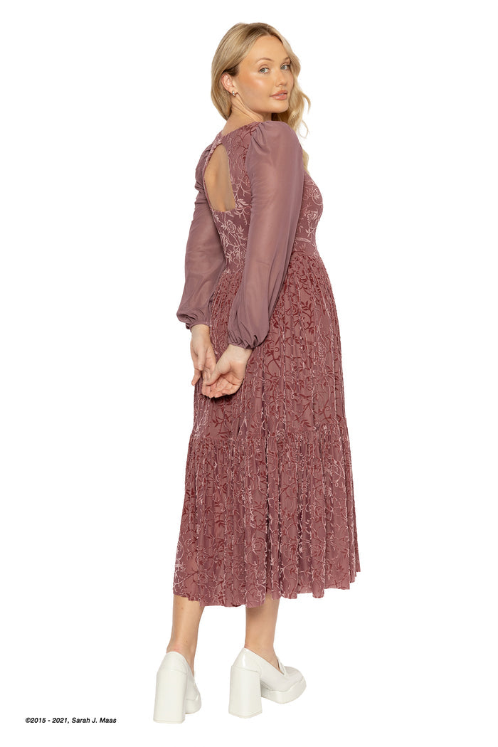 ACOTAR books inspired rosewood fae queen dress, Spring Court burned velvet design from A Court of Thorns and Roses series by Sarah J Maas with floral texture, long sleeves and flowing tiered skirt