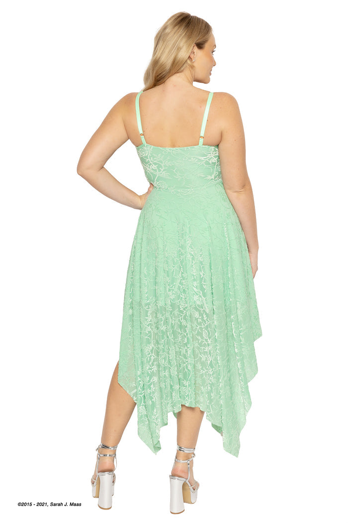ACOTAR books inspired sage green handkerchief dress, Spring Court burned velvet design from A Court of Thorns and Roses series by Sarah J Maas with soft mesh layers, floral texture and flowing asymmetrical silhouette