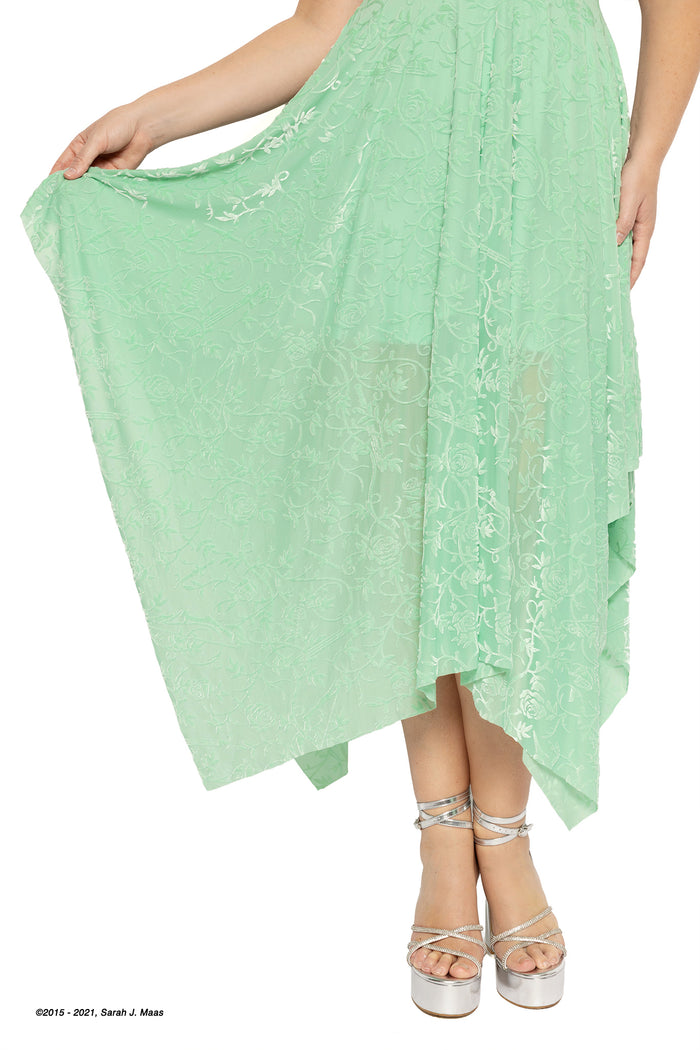 Sarah J Maas ACOTAR Spring Court sage burned velvet dress, A Court of Thorns and Roses inspired handkerchief hem dress with sheer floral fabric, adjustable straps and lightweight flowing design