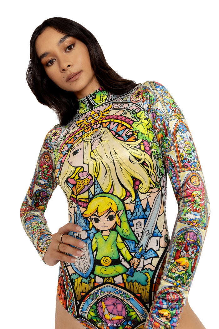 BlackMilk Clothing x Nintendo The Legend Of Zelda - Stained Glass Hyrule Velvet Long Sleeve Bodysuit - The Legend of Zelda Merchandise - Collaboration apparel - Licenced.