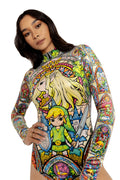 BlackMilk Clothing x Nintendo The Legend Of Zelda - Stained Glass Hyrule Velvet Long Sleeve Bodysuit - The Legend of Zelda Merchandise - Collaboration apparel - Licenced.