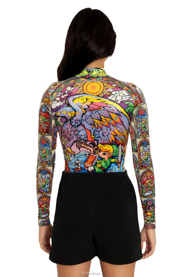 BlackMilk Clothing x Nintendo The Legend Of Zelda - Stained Glass Hyrule Velvet Long Sleeve Bodysuit - The Legend of Zelda Merchandise - Collaboration apparel - Licenced.