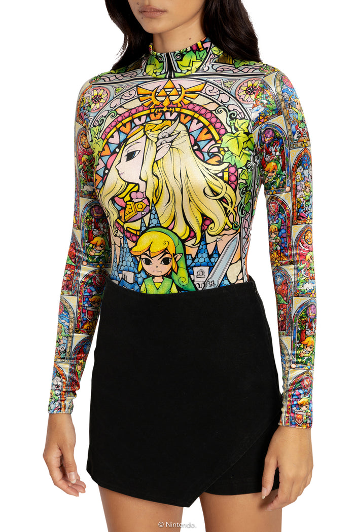 BlackMilk Clothing x Nintendo The Legend Of Zelda - Stained Glass Hyrule Velvet Long Sleeve Bodysuit - The Legend of Zelda Merchandise - Collaboration apparel - Licenced.